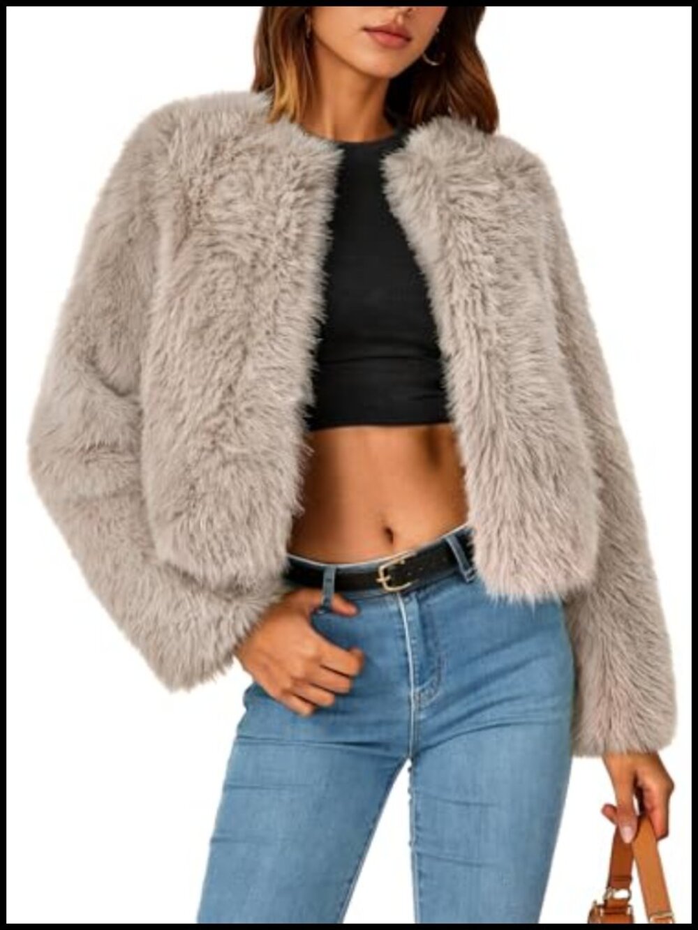Faux Fur Cropped Jacket Fluffy Winter Coat Hook Closure